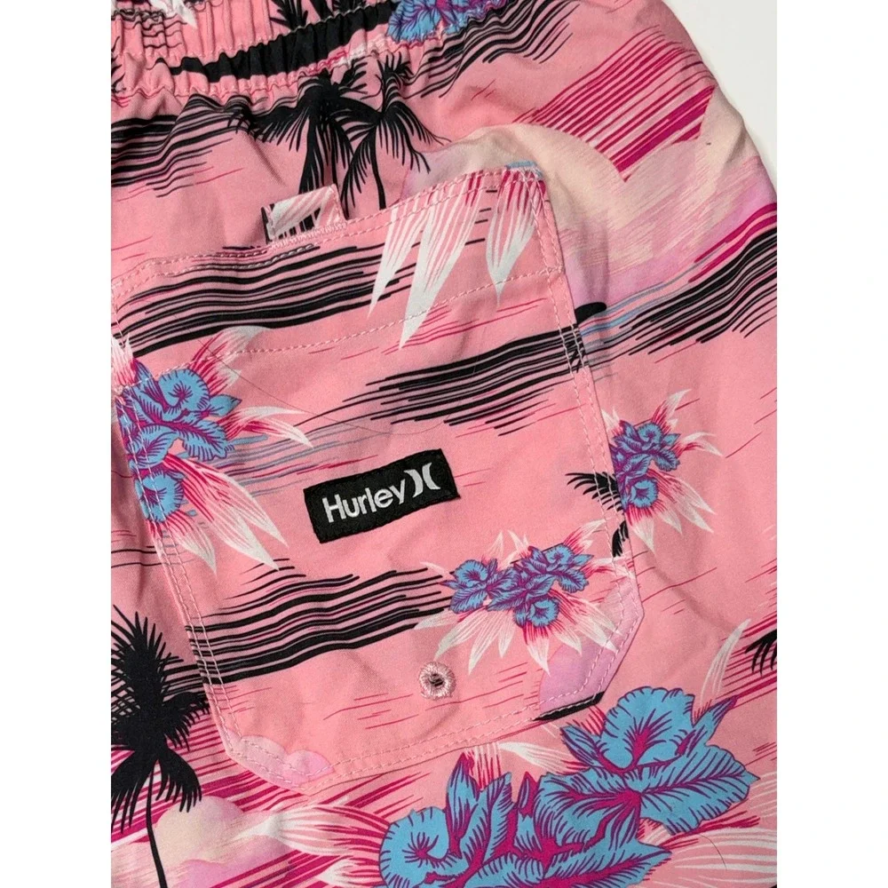 Hurley Mens Pink Tropical Palm Tree Floral Swim Trunks Board Shorts Small